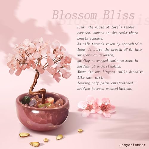 Rose Quartz Crystal Tree,Romantic Office Desk Bedroom Decor,Handmade Copper Wire in Crackle Ceramic Base,Spiritual Gift for Her - color: 1-blossom Bliss