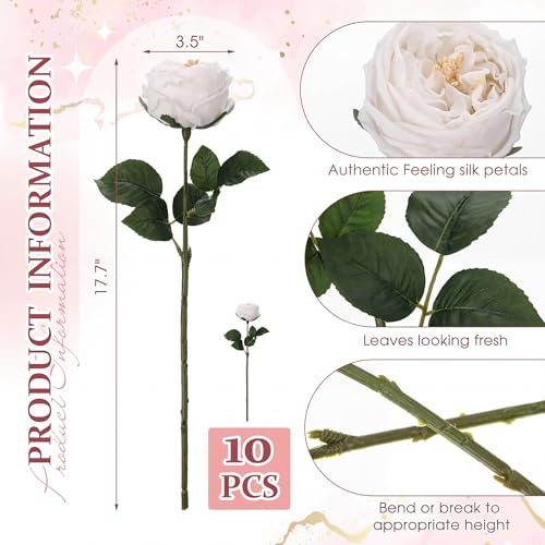 Daifunli 10pcs Real Lifelike Peonies Artificial Flowers, Faux Austin Rose with Long Stem Look Real Fake Flower for Christmas Valentines Arrangement Wedding Party Home Kitchen Decor(White) - color: White