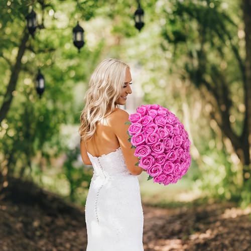 HyeFlora 50 PCS Roses Artificial Flowers, Fake Roses with Stem Realistic Hot Pink Silk Rose for DIY Wedding Bouquets Table Centerpieces Arrangements Baby Shower Birthday Home Decor for Her - color: Rose Red