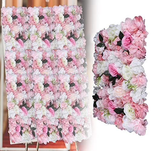 12 Pcs Artificial Flower Wall Panels 60x40cm 3D Flower Background for Wall, Wedding Flower Decorations Wall Silk Rose Panels for Candy Wall, Photo Areas, Stage Background Wall(Dahlia + Rose + Leaf) - color: Pink and White
