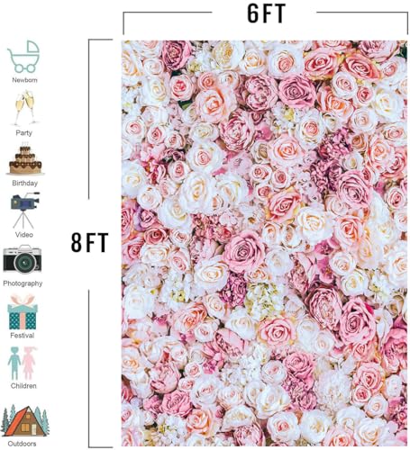 6x8ft Pink Rose Floral Wall Backdrop Flower Wall Decorations Photography Background for Wedding Mother's Day Birthday Bridal Shower Valentine's Day Party Decoration Banner Studio Props - size: 6x8ft