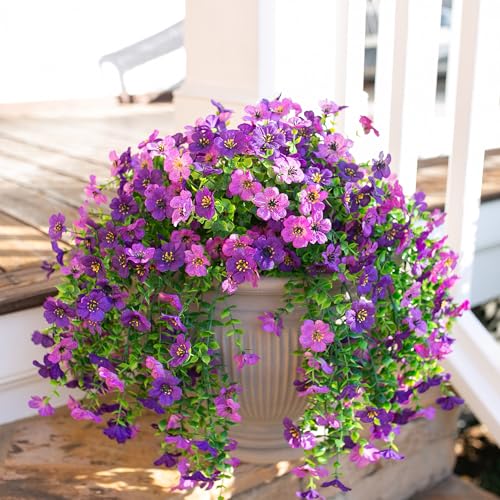 Artificial Faux Hanging Flowers Plants for Spring Outdoor Outside Decoration, 2 PCS Fake Silk Daisy with Eucalyptus UV Resistant Realistic Trailing Vines for Balcony Patio Porch (Darkpurple+Purple) - color: Darkpurple+purple