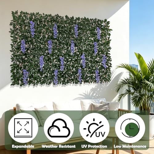 Expandable Faux Fence Privacy Screen with Flowers for Indoor Outdoor Balcony Patio Garden Apartment Decor,Greenery Expandable Stretchable Covers Panel (Purple Wisteria, 1 Pack) - color: Purple Wisteria, size: 1 Pack