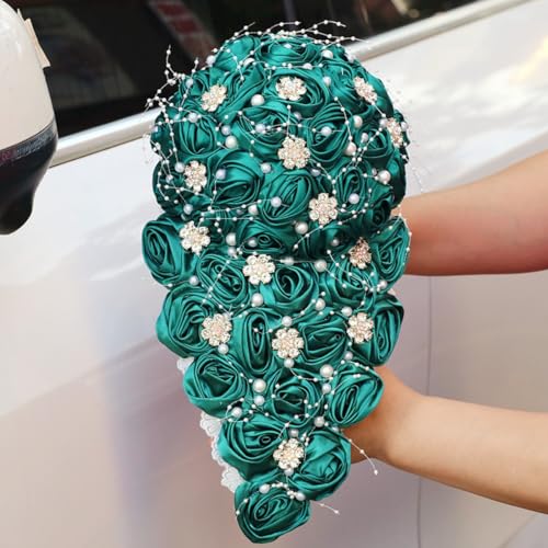Luxury Cascade Bridal Wedding Bouquet Satin Rose Waterfall Holding Bouquet Artificial Flower Bunch for Bride Bridesmaid(Dark Green, 17.3" x 8.7") - color: Dark Green #2, size: 17.3"L x 8.7"W(44cm x 22cm)