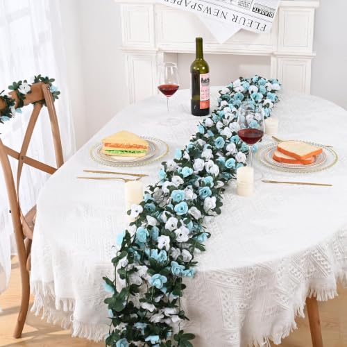 MARTINE MALL Flower Garland Rose Vines, 2 Strands 16.5Ft Flowers Vines for Bedroom, Rose Flower Garland Decoration, Blue and White Rose Floral Garland for Room Birthday Wedding Party Garden Wall Decor - color: Blue and White, size: 2 Packs