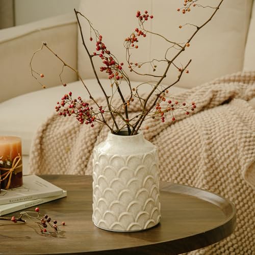 Ceramic Flower Vase, 7.28” Rustic Farmhouse Decorative Vase for Home Decor, Beige Textured Pottery Vase for Pampas Grass, Living Room, Entryway, Mantel, Kitchen Table, Centerpiece - color: 201-white