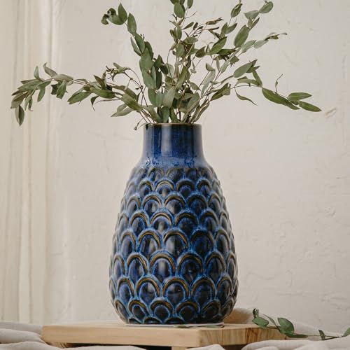 Ceramic Flower Vase, 9.06” Vintage Blue Pottery Vase for Home Decor, Rustic Textured Vase for Pampas Grass, Living Room, Entryway, Mantel, Kitchen Table, Centerpiece - color: 403-blue