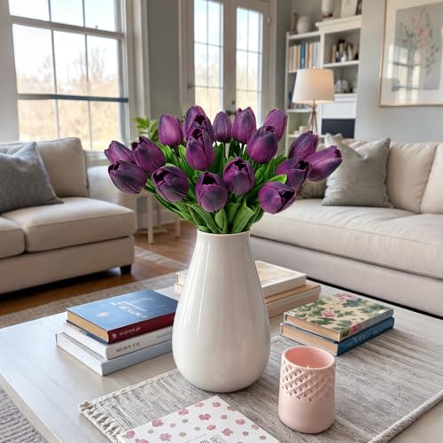 Beferr 18pcs Tulips Artificial Flowers Faux Tulip Real Touch Tulip Fake Flowers Bouquets Arrangements for Mothers Day Spring Easter Wedding Home Table Decor Dark Purple - color: L-18pcs-1colors-dpurple, size: 18PCS