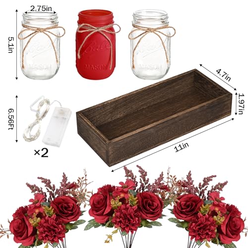 BLEUM CADE Mason Jar Centerpiece Table Decorations, Mason Jar Lights Centerpiece for Kitchen Dining Table Farmhouse Coffee Table Wedding Home Decor with 3 Jars Artificial Flowers & Wood Tray - color: Burgundy-dahlia
