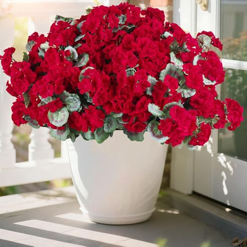 DuHouse Artificial Flowers for Outdoor Indoor Garden Home Decoration 6 Bundles Artificial Geranium Flowers for Outdoors UV Resistant Faux Flowers for Kitchen Table Centerpieces Decor - color: Red