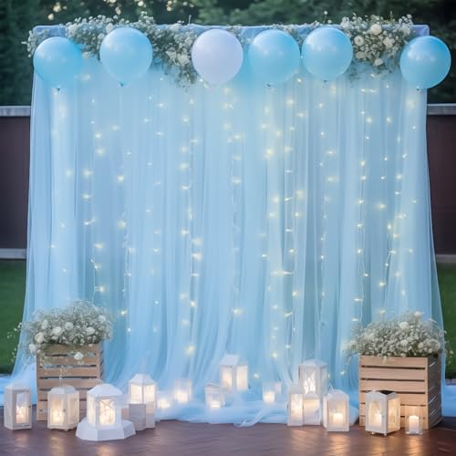 10ft x 8ft Blue Backdrop Curtain with Lights String for Parties, Sheer Tulle Wedding Photo Backdrops Drapes for Baby Shower Birthday Party Decorations Background for Photography - color: Blue, size: W5' x H8'(2 panels)
