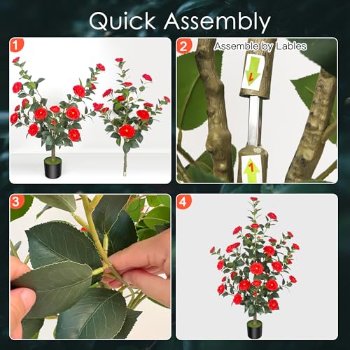 2Pack 47.24"/3.94FT Artificial Camellia Trees with 36 Red Flowers in Cement Pots – Lifelike Fake Trees for Front Porch, Home, Indoor Outdoor Spring Decor, Office or Housewarming Gifts - color: Red, size: 47.24 inchx2