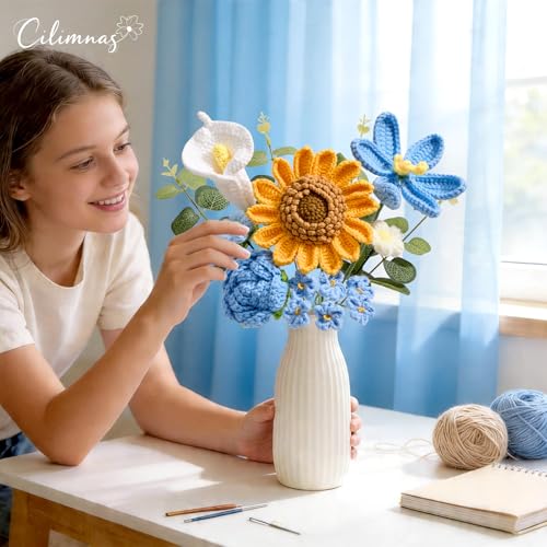 Crochet Flower Bouquet,Blue Knitted Flowers, Handmade Sunflowers Tulips Roses Bouquet for Valentine Day Birthday Anniversary Party Mother's Day Graduation Gifts(with Card) - color: Blue