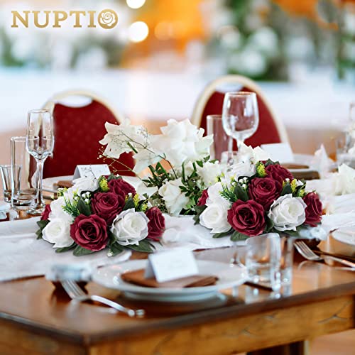 NUPTIO Flower Wedding Centrepieces for Tables - 2 Pcs 9.5in Diameter Burgundy & White Artificial Flowers Rose Ball for Centerpieces Table - Fake Rose Arrangements for Weddings Birthday Party Decor - color: Burgundy & White, size: 2 Pcs