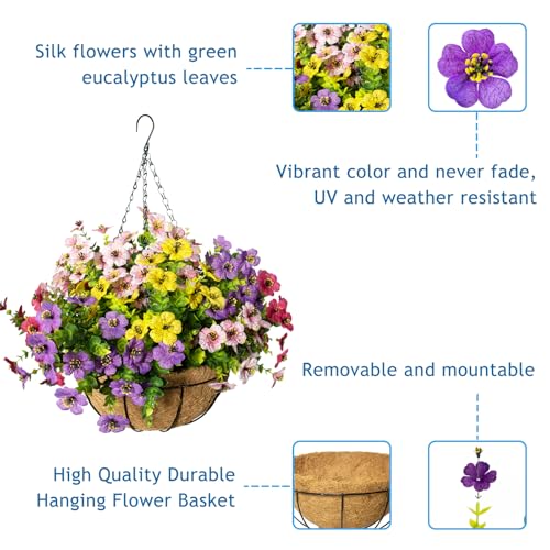 Artificial Hanging Flowers for Outdoors with Basket,UV Resistant Realistic Faux Hanging Plants Outdoor Artificial Flowers for Outdoors Basket for Yard Porch Patio Garden Home Decor,12 Bundles Mix - color: Purple+pink+yellow+rose Red