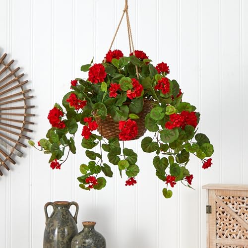 Nearly Natural 24in Artificial Geranium Hanging Basket Faux Floral Plant for Indoor Home Porch Decor, Red - color: Red