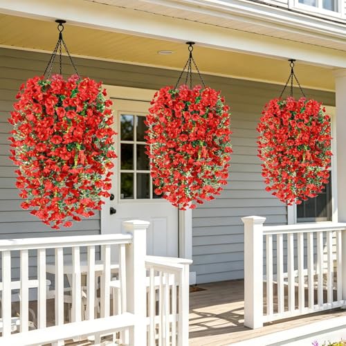 Artificial Hanging Flowers for Outdoors, 6 PCS Silk Morning Glory Artificial Flowers with Eucalyptus Leaves, UV Resistant Fake Flower Realistic Faux Plants for Home Patio Porch Garden Decor, Red - color: Red