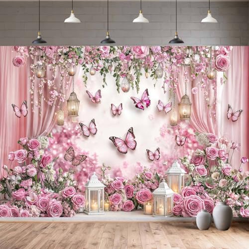 7X5ft Pink Butterfly Floral Backdrop for Photography Butterfly Flowers Theme Girls Party Decorations Background Wedding Birthday Baby Shower Party Cake Table Decor Photo Booth Props - color: Multi3, size: 7x5ft