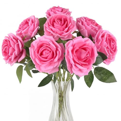 8PCS Artificial Flowers Velvet Roses Big Head Faux Rose Flowers with Long Steam for DIY Wedding Party Decoration(Pink) - color: Pink