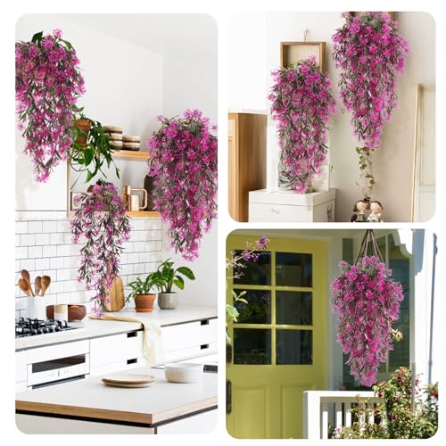 RECUTMS Artificial Hanging Plants 4 Pcs Ferns Plants Large Faux Artificial Hanging Plants Wall Plants Fake Ivy Room Decor Home Garden Wedding Party Indoor Outdoor Decorations(Fuchsia) - color: Style1-fuchsia