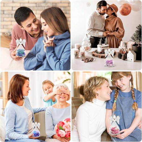 Miofula Gifts for Mom Birthday Gifts for Women, Preserved Flowers Rose in Glass Angel Figurines, Fresh Flowers for Delivery Anniversary Forever Real Roses Gifts for Mothers Grandma Her Wife Girlfriend - color: Pink+purple