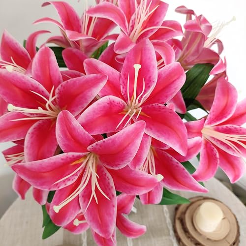 Artificial Lilies Flowers,10Pcs Faux Lily Flower,20''Tiger Lily Branch with 2 Full Blooms , Faux Fake Lilies Plants for Wedding Bouquet Home Party Indoor Floral Arrangements (10, deep pink) - color: Deep Pink