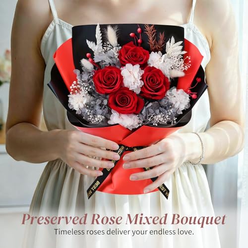 Lewondr Flower for Delivery, Preserved Flowers Bouquet, Red Rose Bouquet with Gift Box, Real Long-Lasting Forever Birthday Flowers Gifts for Wife Girlfriend Mothers Day Anniversary Proposal, White-Red - color: White-Red