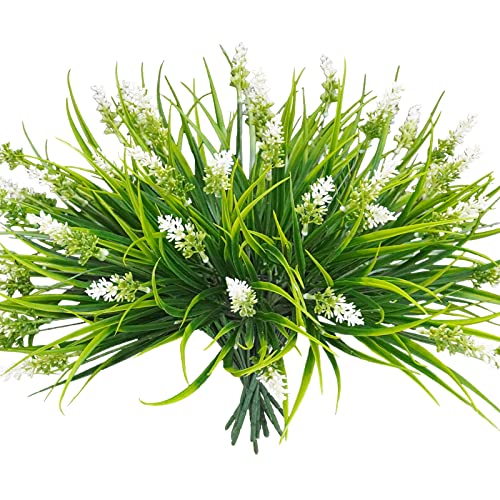 obbsie 12 Bundles Artificial Plants Outdoor, 18.2" UV Resistant Faux Monkey Grass Greenery Stems No Fade Faux Plastic Flowers Shrubs for Home Weddings Garden Porch Front Patio Office Decor- White - color: White, size: 12 Pcs