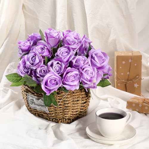 24 Pcs Lavender Rose Artificial Flowers with Long Stem Real Touch Silk Plastic Bouquet Purple Roses Bulk for Wedding Party Table Centerpieces Festival Decorations - color: Lavender