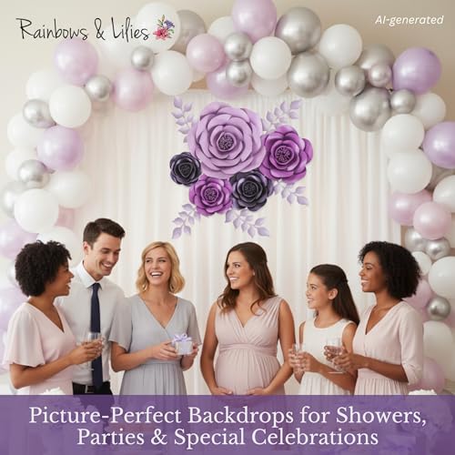 Rainbows & Lilies 10pc Large Paper Flowers Decorations for Wall – 3D Flower Wall Backdrop for Nursery, Girls Room, Baby Shower, Wedding, Bridal Shower – Pre-Assembled Reusable Purple Rose Decor Set