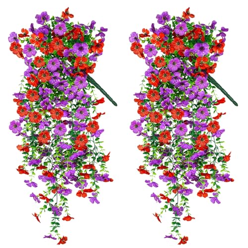 Artificial Hanging Flowers for Outdoors Decorations 2 Pack, Fake Hanging Flowers, UV Resistant Artificial Hanging Plants Outdoors for Home Porch Patio Balcony Baskets Yard(Purple & Red) - color: Purple Red