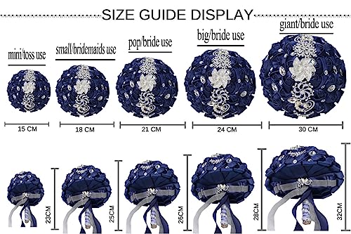 Wedding Bouquets for Bride Handmade Bridesmaid Brooch Bouquet Artificial Rhinestone Satin Rose Flower Tossing Bouquet for Wedding Ceremony Anniversary(Ivory/Royal Blue,18CM) - color: Ivory/Royal Blue, size: 7.1 inches