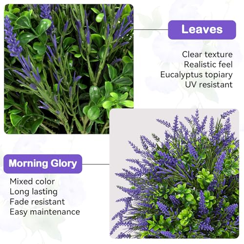 ENVEN Artificial Topiary Ball Tree Outdoor Plants with Ground Spike 22"- UV Resistant Faux Shrubs, Eucalyptus Fake Plants for Indoor & Garden, Yard, Porch, Patio Decor (Green Purple) - color: Green Purple