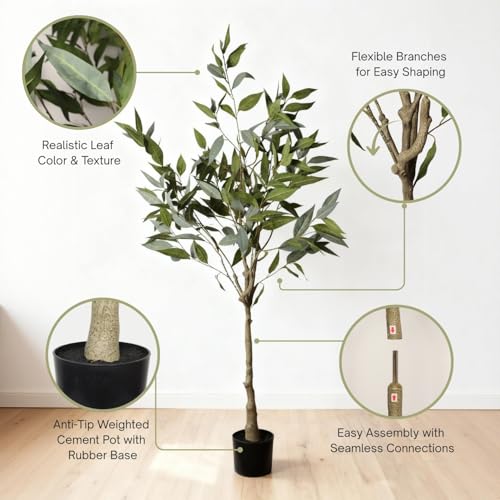 5FT Artificial Eucalyptus Tree,Modern Fake Eucalyptus Plant with Basket,Realistic Fake Potted Plant for Home Office Living RoomDecoration，(Indoor and Outdoor)