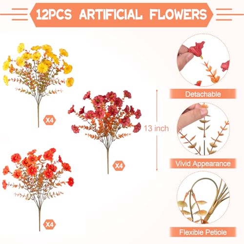 INXUGAO Fake Fall Flowers Artificial for Decoration, 12 Bundles Faux Plants Silk Orange Flowers Morning Glory Petunias Realistic UV Resistant for Outdoors Planter Porch Patio Window Box, Orange Yellow - color: Orange Yellow Red