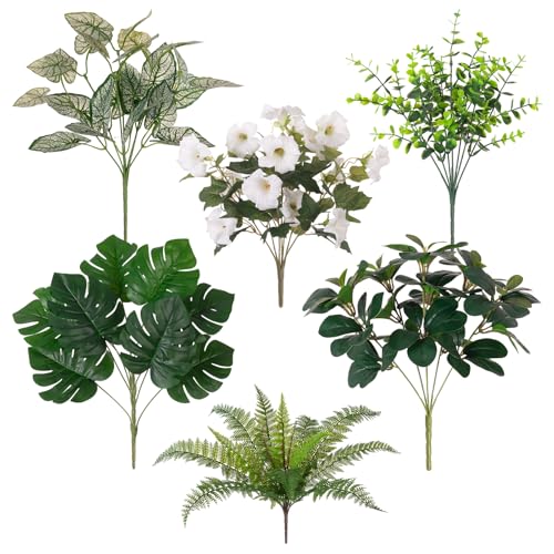 Hrobek Outdoor Faux Plants UV Resistant - 8 Bouquets Realistic Artificial Eucalyptus Fern Morning Glory Greenery for Patio Garden Front Porch Decor Weatherproof Fake Plants for Outside - color: Flowers and Greenery Mix