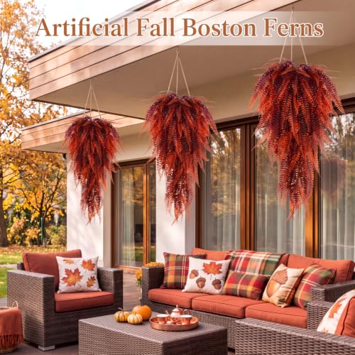 Daifunli 8 Pcs Artificial Fall Hanging Plants Fake Hanging Ferns Plastic Autumn Faux Plants for Wall Room Garden Garland Indoor Outdoor Decor No Basket (Fall Boston) - style: Fall Boston