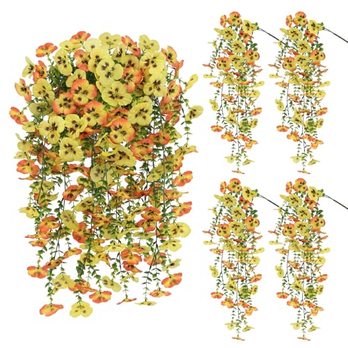 Artificial Hanging Flowers for Outdoors, 4 PCS 29.5in UV Resistant Faux Outdoor Hanging Plants Pansy Flowers Fake Cascading Floral Vines for Porch Patio Balcony Pergola, Yellow & Orange - color: Yellow&orange