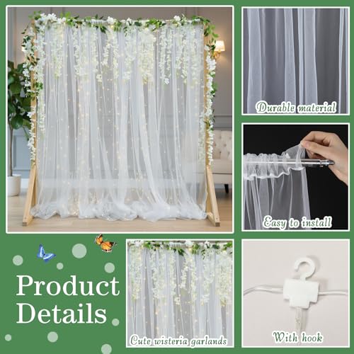 Gilprop 6 Pcs Wisteria Artificial Flowers Garland Lighted White Tulle Backdrop Curtain 10×8ft Sheer Wisteria Flower Curtains Backdrop Vine Silk Hanging for Birthday Engagement Wedding Anniversary