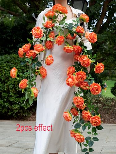 Bendable Artificial Flower Garland Faux Rose Vine Hanging Floral Garland for Wall Decor Trellis Fence Home Room Garden Wedding Decoration(Orange, 1pcs) - color: Orange, size: 1pcs