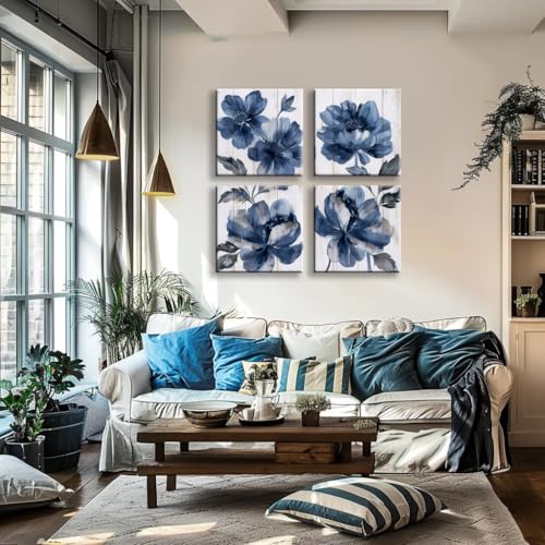 BQVCT 4 Piece Blue Floral Wall Art White Wood Canvas Prints Grey and Navy Flowers in The Style of Watercolor Painting Vintage Flora Wall Decor for Bedroom Kitchen 12"x12" - color: Navy/white