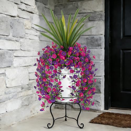 3 Bundles Fake Artificial Morning Glory Flowers for Outdoors, 1 Bundles Faux Greenery Plants UV Resistant Weatherproof for Indoor Outdoor Garden Patio Window Box Home Decor - color: Dark Purple,light Purple