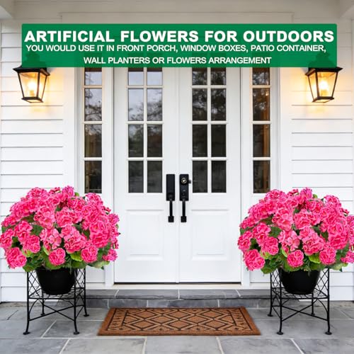 TURNMEON Artificial Geraniums Flowers for Outdoors Summer Decoration, 4 Bundles Fake Flowers Silk Pink Flowers UV Resistant No Fade Faux Plants for Planter Gardens Table Porch Indoor Cemetery Decor - color: Pink