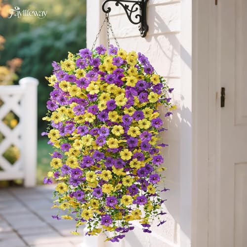 Artificial Hanging Flowers for Outdoors Spring Summer Decoration, 4PCS UV Resistant Silk Fake Hanging Plants for Patio Porch Front Yard Window Garden Indoor Decor(Purple&Yellow,4PCS) - color: Purple&yellow, size: 4PCS