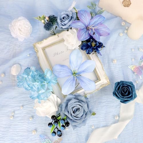 Dusty Blue Artificial Flowers Bouquet of Flowers Blue Rose Fake Flowers for DIY Wedding Bridal Bouquets Table Centerpieces Arrangements Cake Party Home Decor - color: Blue