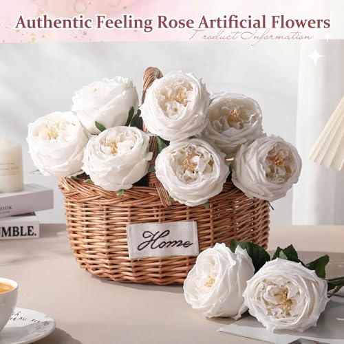 Daifunli 10pcs Real Lifelike Peonies Artificial Flowers, Faux Austin Rose with Long Stem Look Real Fake Flower for Christmas Valentines Arrangement Wedding Party Home Kitchen Decor(White) - color: White
