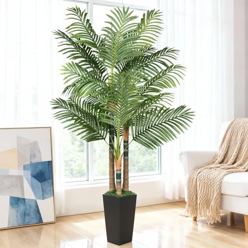 6ft Artificial Palm Tree Indoor Plant，Triple Faux Tropical Areca Floor Plant in Pot，Artificial Plants with Lifelike Leaves for Home Office Decor - color: Black, size: 6ft