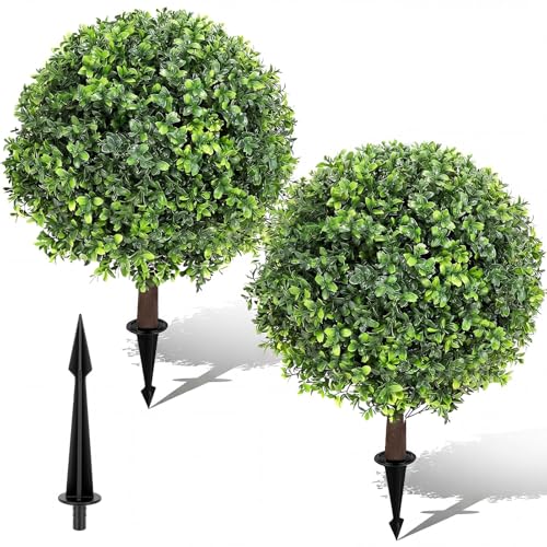Artificial Boxwood Topiary Ball Trees with Spikes for Outdoor 27" Set of 2, UV Resistant Faux Greenery Shrubs, Realistic Fake Bushes Plants for Garden Yard Front Porch Patio Indoor Decor - color: Green Boxwood