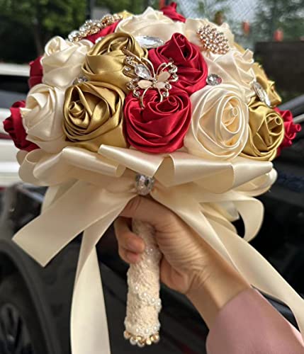 Sharebeauty 9.4" Handmade Satin Rose Bridal Bouquet Toss Round Wedding Bouquet Throw Toss Artificial Flower Bunch Dark Red + Pale Gold + Cream - color: Dark Red/Pale Gold/Cream, size: 9.4"/24cm