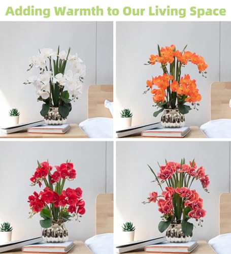 CXGS Artificial Orchid Flower Real Touch Faux Orchids in Ceramic Vase Large 22.9'' Fake Flowers Orange Phalaenopsis Floral for Home Indoor Decor - color: Orange- Silver (Large Pot)